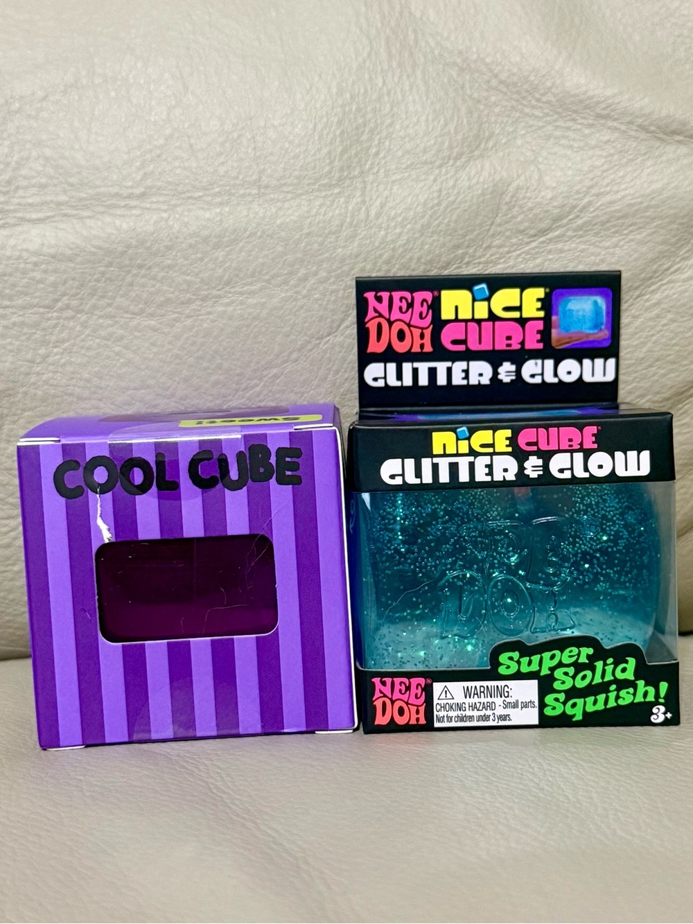 NeeDoh BLUE Glitter & Glow Nice Cube & Purple J’adore Cool Cube Squishy